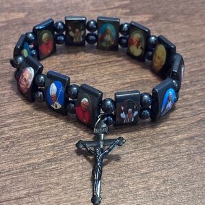 Black Religious Bracelet with Crucifix Charm. Featuring various popes.